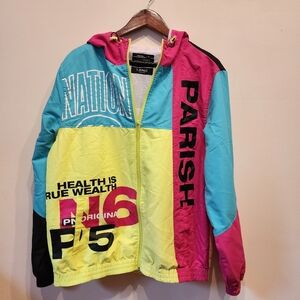 Parish Nation Jacket Full Zip Windbreaker Hooded W- Size L Spellout Wind Breaker